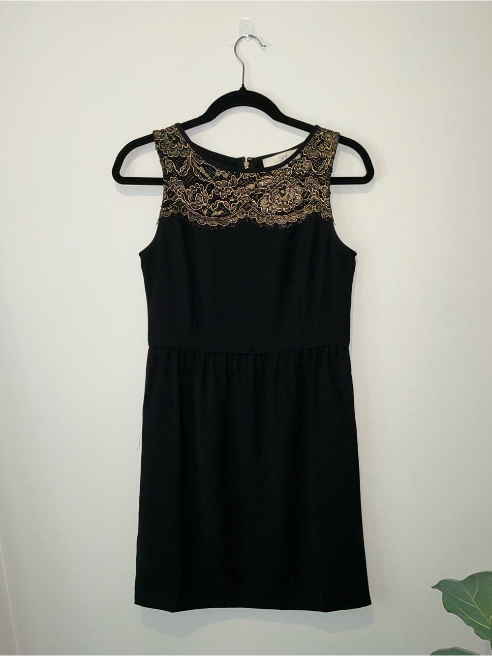 LOFT Black Dress with Gold Lace neckline